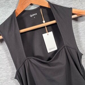 Quince Ruched Midi Dress Womens Small Black Stretch Cotton Square Neck LB96985